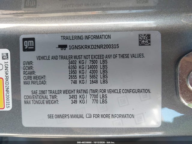 Aukcja sprzedaży 2022 Chevrolet Tahoe 4wd Rst, vin: 1GNSKRKD2NR200315, numer aukcji: 46338860
