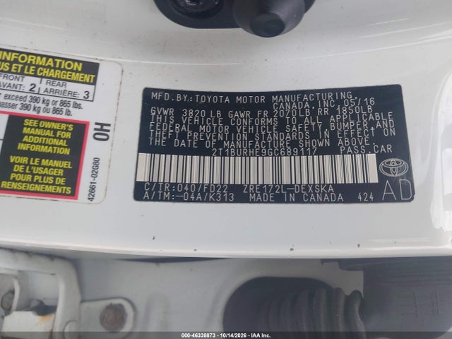 Aukcja sprzedaży 2016 Toyota Corolla S Plus, vin: 2T1BURHE9GC689117, numer aukcji: 46338873