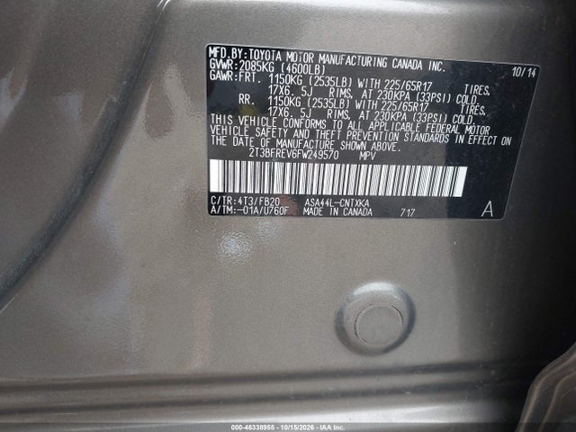 Aukcja sprzedaży 2015 Toyota Rav4 Le, vin: 2T3BFREV6FW249570, numer aukcji: 46338955