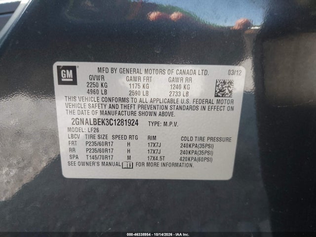 Auction sale of the 2012 Chevrolet Equinox Ls, vin: 2GNALBEK3C1281924, lot number: 46338954