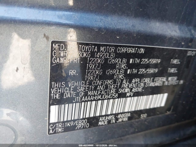 Aukcja sprzedaży 2021 Toyota Venza Xle, vin: JTEAAAAH6MJ064258, numer aukcji: 46338980