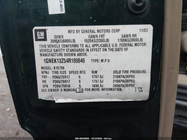 46339005 :رقم المزاد ، 1GNEK13Z54R189849 vin ، 2004 Chevrolet Tahoe Z71 مزاد بيع
