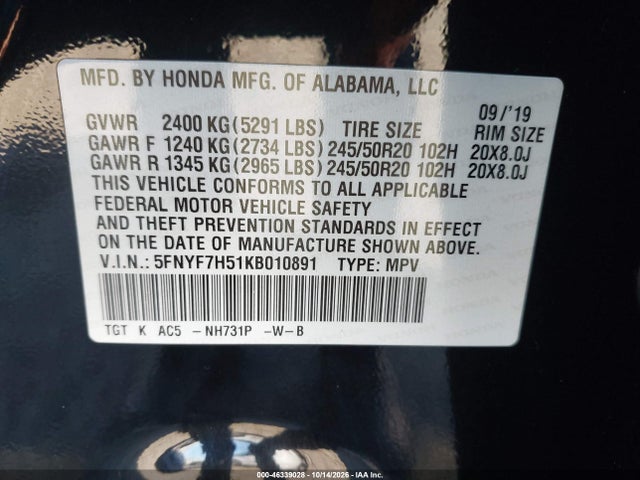 Honda Passport Ex-l 2019 5FNYF7H51KB010891 Image 9