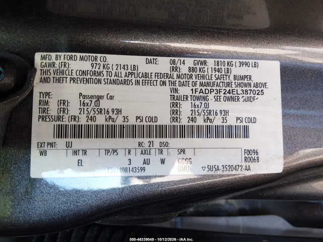 46339049 :رقم المزاد ، 1FADP3F24EL387025 vin ، 2014 Ford Focus Se مزاد بيع