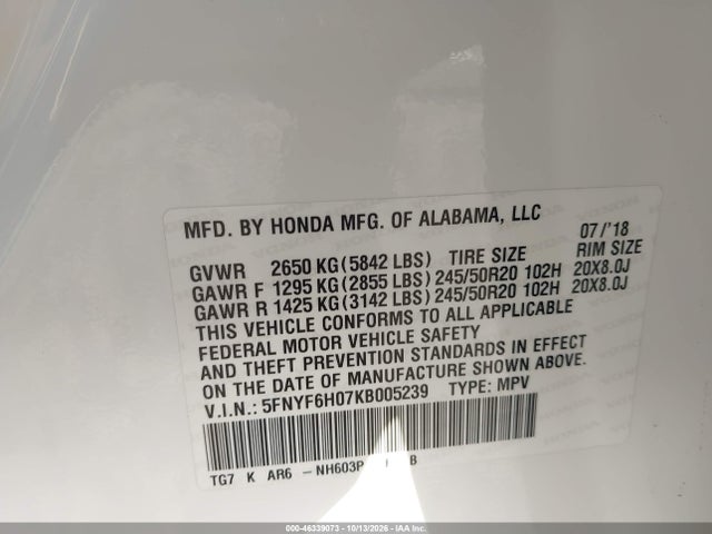 2019 Honda Pilot Elite მანქანა იყიდება აუქციონზე, vin: 5FNYF6H07KB005239, აუქციონის ნომერი: 46339073