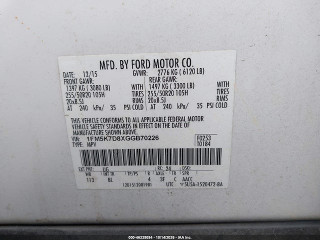 46339094 :رقم المزاد ، 1FM5K7D8XGGB70226 vin ، 2016 Ford Explorer Xlt مزاد بيع