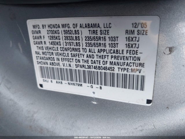 46339147 :رقم المزاد ، 5FNRL38746B048452 vin ، 2006 Honda Odyssey Ex-l مزاد بيع