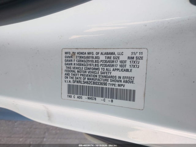 Auction sale of the 2012 Honda Odyssey Ex-l, vin: 5FNRL5H62CB033690, lot number: 46339174