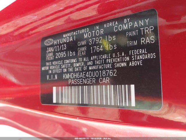 Aukcja sprzedaży 2013 Hyundai Elantra Gs, vin: KMHDH6AE4DU018762, numer aukcji: 46339175