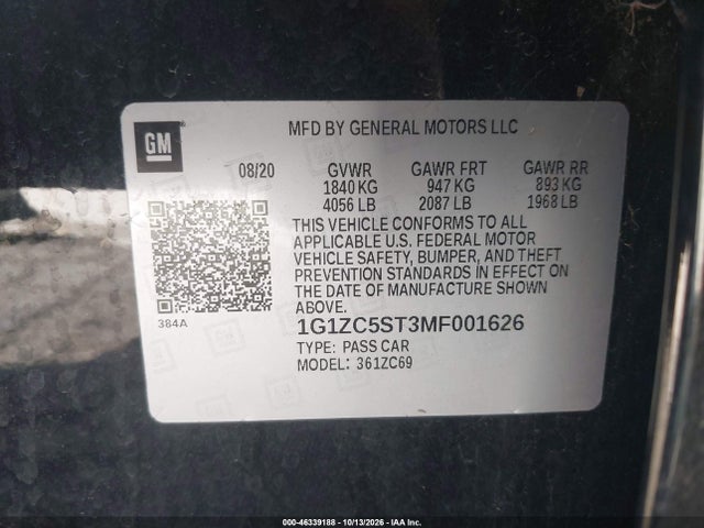46339188 :رقم المزاد ، 1G1ZC5ST3MF001626 vin ، 2021 Chevrolet Malibu Fwd 1fl مزاد بيع