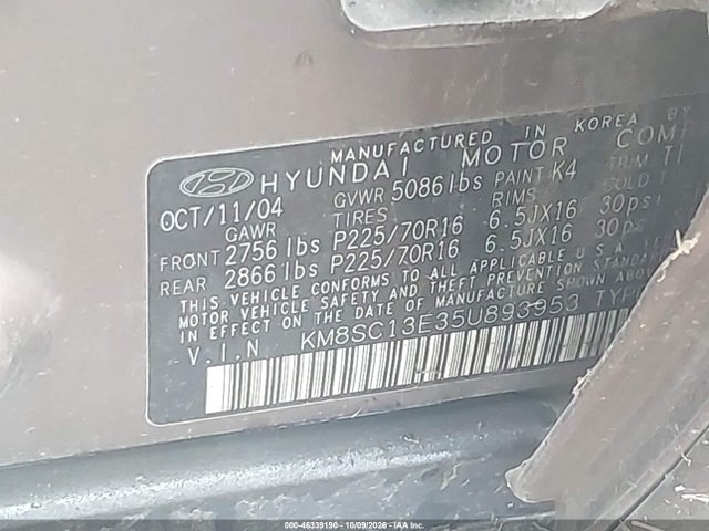 Продаж на аукціоні авто 2005 Hyundai Santa Fe Gls/lx, vin: KM8SC13E35U893953, номер лоту: 46339190