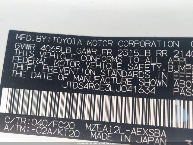 Продаж на аукціоні авто 2020 Toyota Corolla Se, vin: JTDS4RCE3LJ041634, номер лоту: 46339197