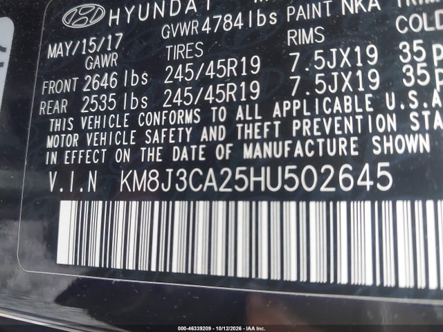 Продаж на аукціоні авто 2017 Hyundai Tucson Limited, vin: KM8J3CA25HU502645, номер лоту: 46339209