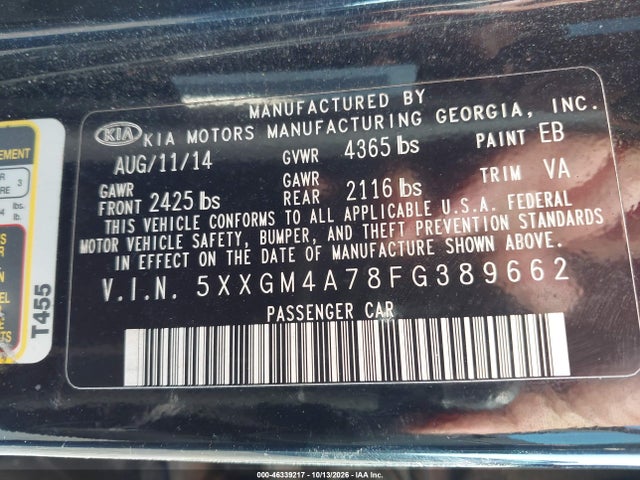 Продаж на аукціоні авто 2015 Kia Optima Lx, vin: 5XXGM4A78FG389662, номер лоту: 46339217