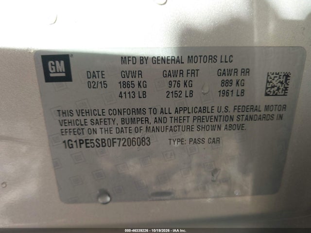 46339226 :رقم المزاد ، 1G1PE5SB0F7206083 vin ، 2015 Chevrolet Cruze 2lt Auto مزاد بيع