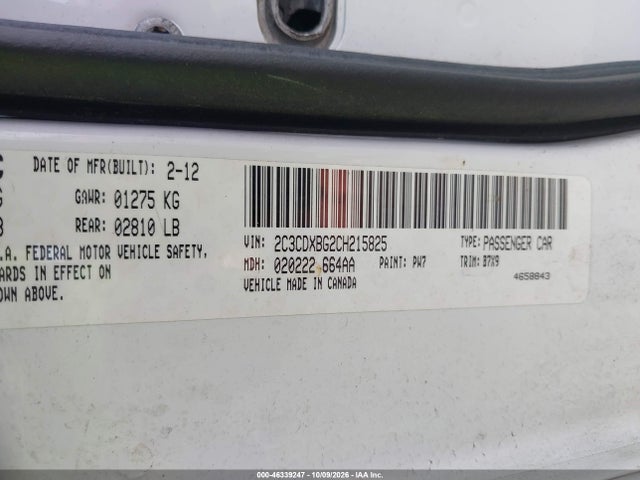 46339247 :رقم المزاد ، 2C3CDXBG2CH215825 vin ، 2012 Dodge Charger Se مزاد بيع