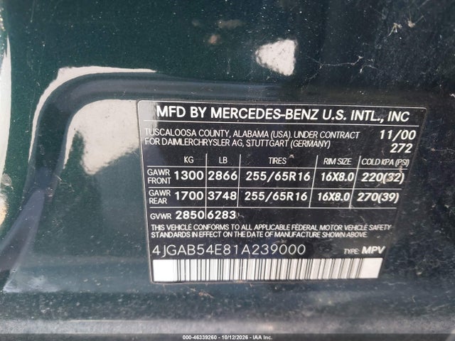 46339260 :رقم المزاد ، 4JGAB54E81A239000 vin ، 2001 Mercedes-benz Ml 320 مزاد بيع