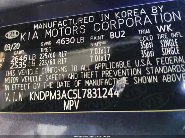 Auction sale of the 2020 Kia Sportage Lx, vin: KNDPM3AC5L7831244, lot number: 46339277