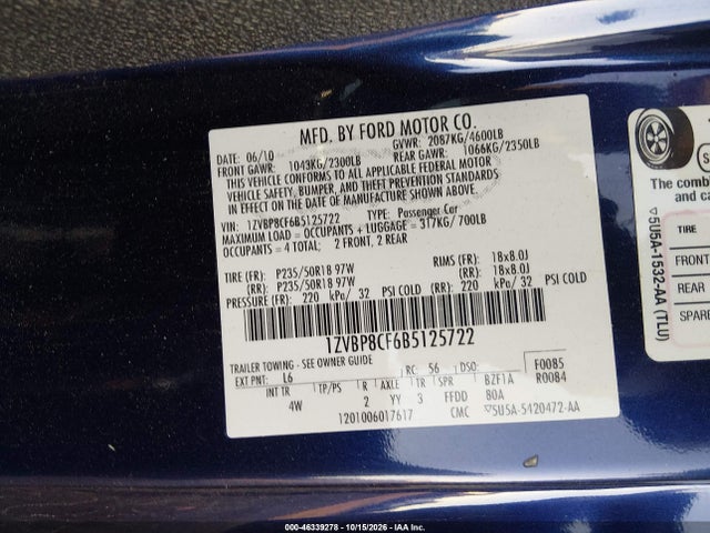 46339278 :رقم المزاد ، 1ZVBP8CF6B5125722 vin ، 2011 Ford Mustang Gt Premium مزاد بيع
