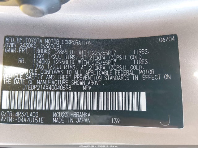Продаж на аукціоні авто 2004 Toyota Highlander Limited V6, vin: JTEDP21AX40040698, номер лоту: 46339296