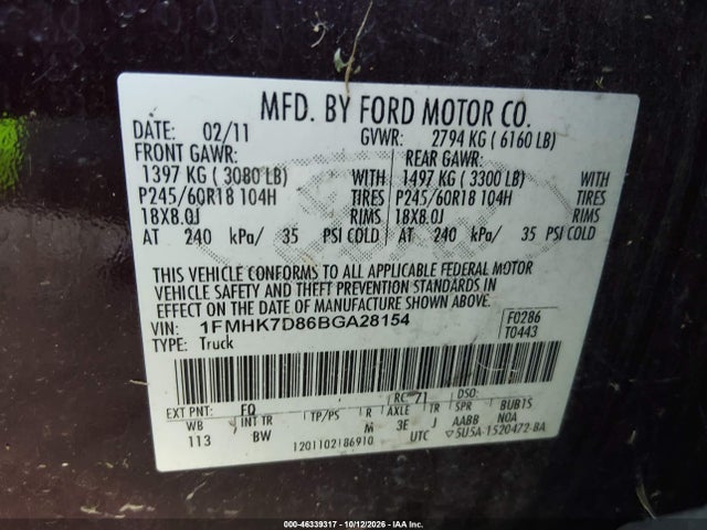2011 Ford Explorer Xlt მანქანა იყიდება აუქციონზე, vin: 1FMHK7D86BGA28154, აუქციონის ნომერი: 46339317