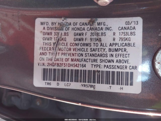 46339343 :رقم المزاد ، 2HGFB2F51DH542164 vin ، 2013 Honda Civic Lx مزاد بيع