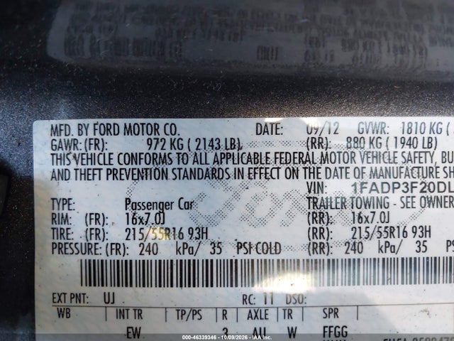 46339346 :رقم المزاد ، 1FADP3F20DL135481 vin ، 2013 Ford Focus Se مزاد بيع