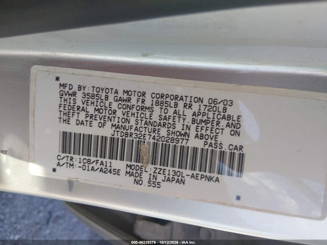 Aukcja sprzedaży 2004 Toyota Corolla Le, vin: JTDBR32E742028977, numer aukcji: 46339376
