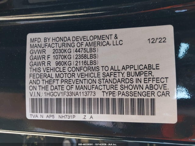 Aukcja sprzedaży 2022 Honda Accord Sport, vin: 1HGCV1F33NA113773, numer aukcji: 46339391