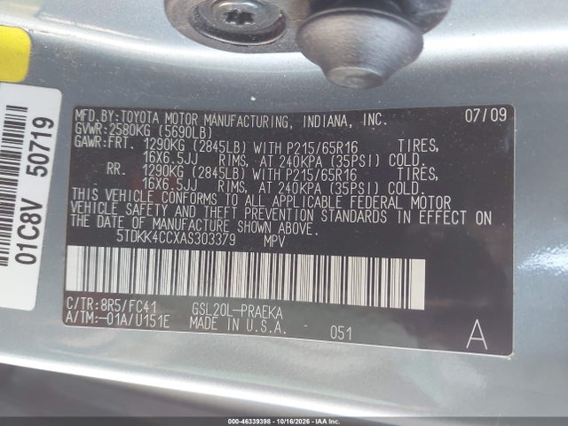 46339398 :رقم المزاد ، 5TDKK4CCXAS303379 vin ، 2010 Toyota Sienna Le مزاد بيع