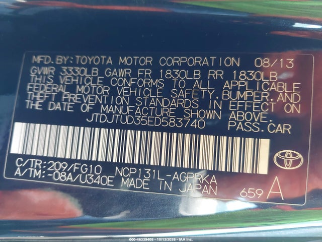 Aukcja sprzedaży 2014 Toyota Yaris L (tmc/cbu Plant), vin: JTDJTUD35ED583740, numer aukcji: 46339408
