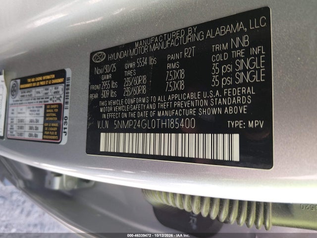 Aukcja sprzedaży 2026 Hyundai Santa Fe Sel, vin: 5NMP24GL0TH185400, numer aukcji: 46339472