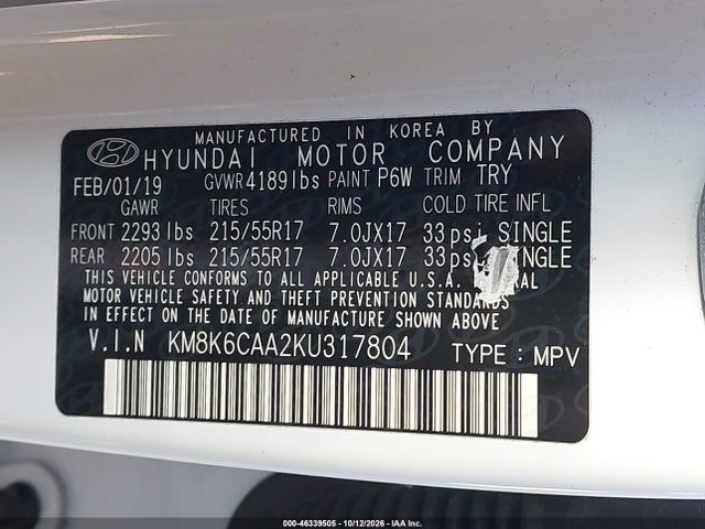KM8K6CAA2KU317804 Hyundai Kona Sel