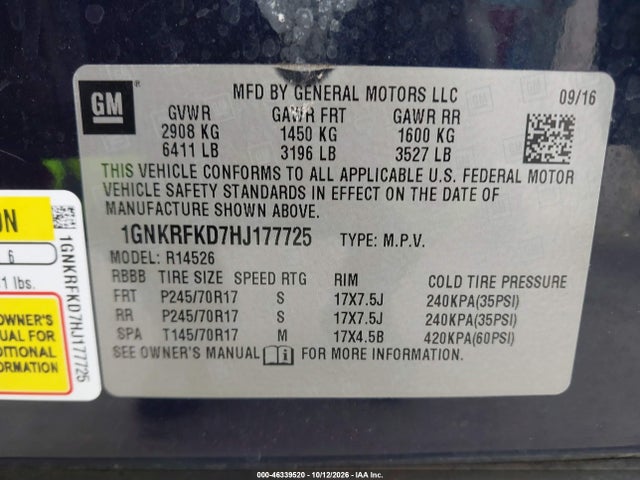 46339520 :رقم المزاد ، 1GNKRFKD7HJ177725 vin ، 2017 Chevrolet Traverse Ls مزاد بيع