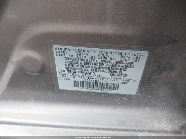 Продаж на аукціоні авто 2017 Nissan Versa 1.6 Sv, vin: 3N1CN7AP6HL823679, номер лоту: 46339630