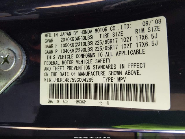 46339633 :رقم المزاد ، JHLRE48759C004285 vin ، 2009 Honda Cr-v Ex-l مزاد بيع