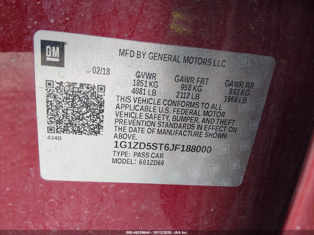 46339644 :رقم المزاد ، 1G1ZD5ST6JF188000 vin ، 2018 Chevrolet Malibu Lt مزاد بيع