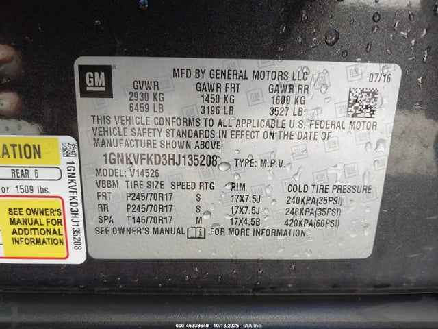 Aukcja sprzedaży 2017 Chevrolet Traverse Ls, vin: 1GNKVFKD3HJ135208, numer aukcji: 46339649