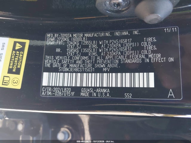 46339670 :رقم المزاد ، 5TDBK3EH8CS115031 vin ، 2012 Toyota Highlander Se V6 مزاد بيع