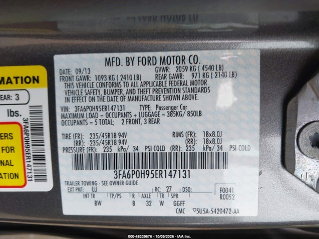 Продажа на аукционе авто 2014 Ford Fusion Se, vin: 3FA6P0H95ER147131, номер лота: 46339676