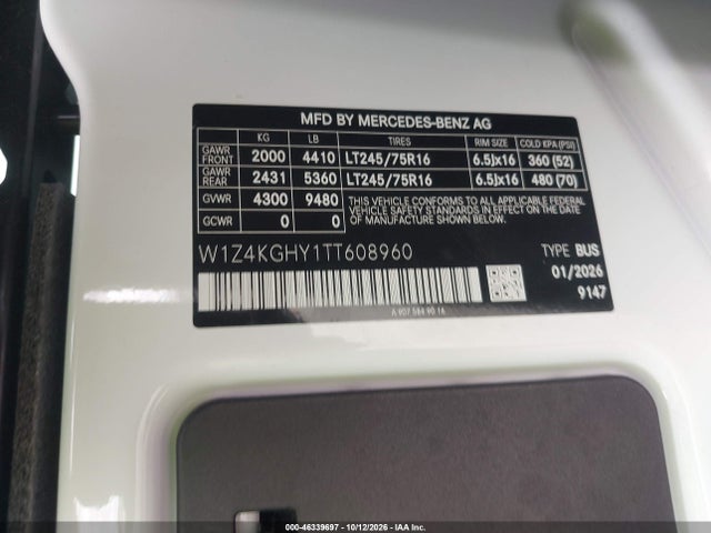 Aukcja sprzedaży 2026 Mercedes-benz Sprinter 2500 High Roof 4-cyl Diesel, vin: W1Z4KGHY1TT608960, numer aukcji: 46339697