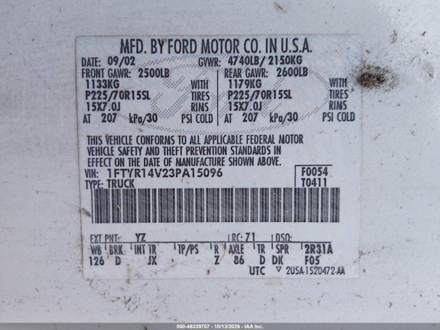 2003 Ford Ranger Edge/tremor/xl/xlt მანქანა იყიდება აუქციონზე, vin: 1FTYR14V23PA15096, აუქციონის ნომერი: 46339707