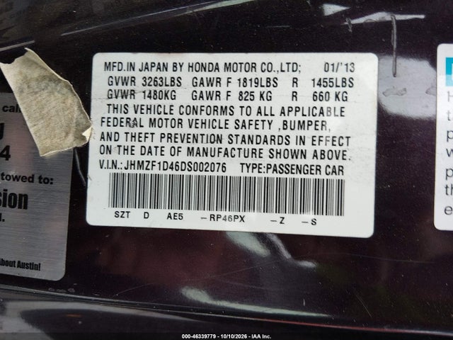 Продаж на аукціоні авто 2013 Honda Cr-z, vin: JHMZF1D46DS002076, номер лоту: 46339779