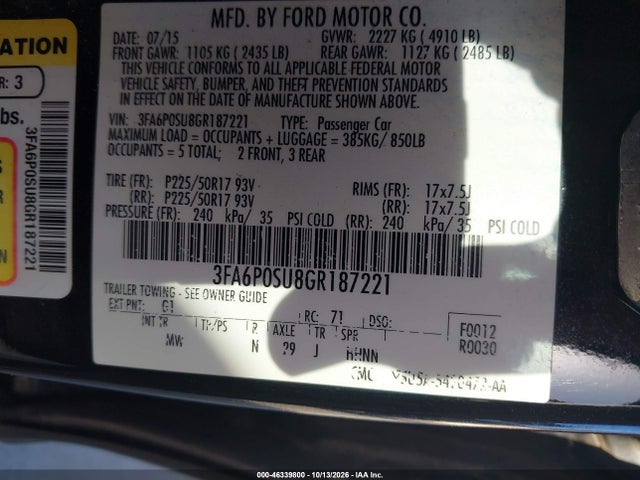 2016 Ford Fusion Energi Titanium მანქანა იყიდება აუქციონზე, vin: 3FA6P0SU8GR187221, აუქციონის ნომერი: 46339800