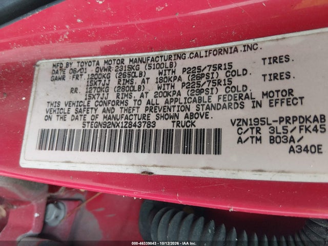 46339843 :رقم المزاد ، 5TEGN92NX1Z843783 vin ، 2001 Toyota Tacoma Prerunner V6 مزاد بيع