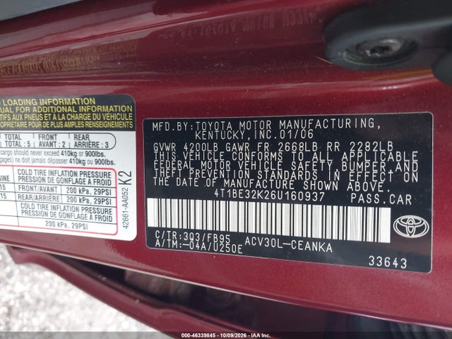 2006 Toyota Camry Le მანქანა იყიდება აუქციონზე, vin: 4T1BE32K26U160937, აუქციონის ნომერი: 46339845