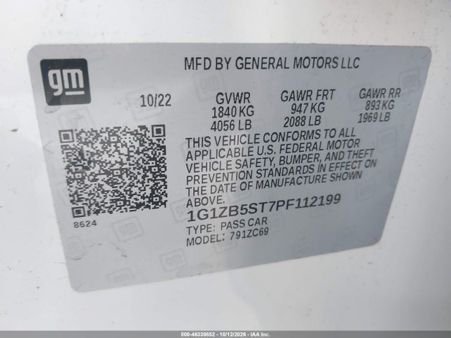 46339852 :رقم المزاد ، 1G1ZB5ST7PF112199 vin ، 2023 Chevrolet Malibu Fwd Ls مزاد بيع