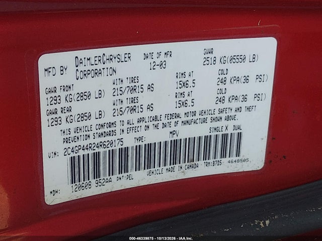 Aukcja sprzedaży 2004 Chrysler Town & Country Lx, vin: 2C4GP44R24R620175, numer aukcji: 46339875