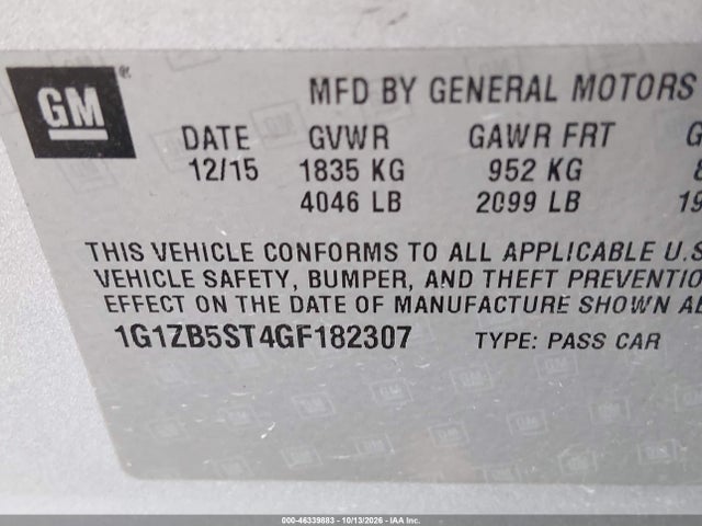 Aukcja sprzedaży 2016 Chevrolet Malibu Ls, vin: 1G1ZB5ST4GF182307, numer aukcji: 46339883
