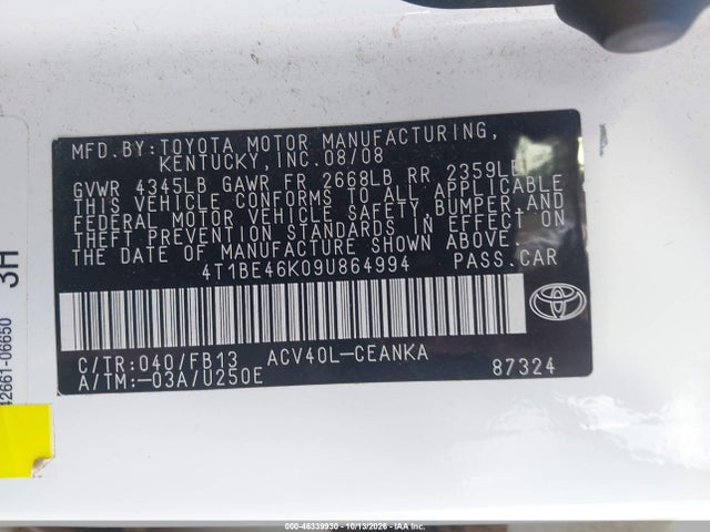 46339930 :رقم المزاد ، 4T1BE46K09U864994 vin ، 2009 Toyota Camry Le مزاد بيع